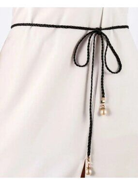 Black Braided Rope Waist Belt With Pearl & Rhinestone on Tassels